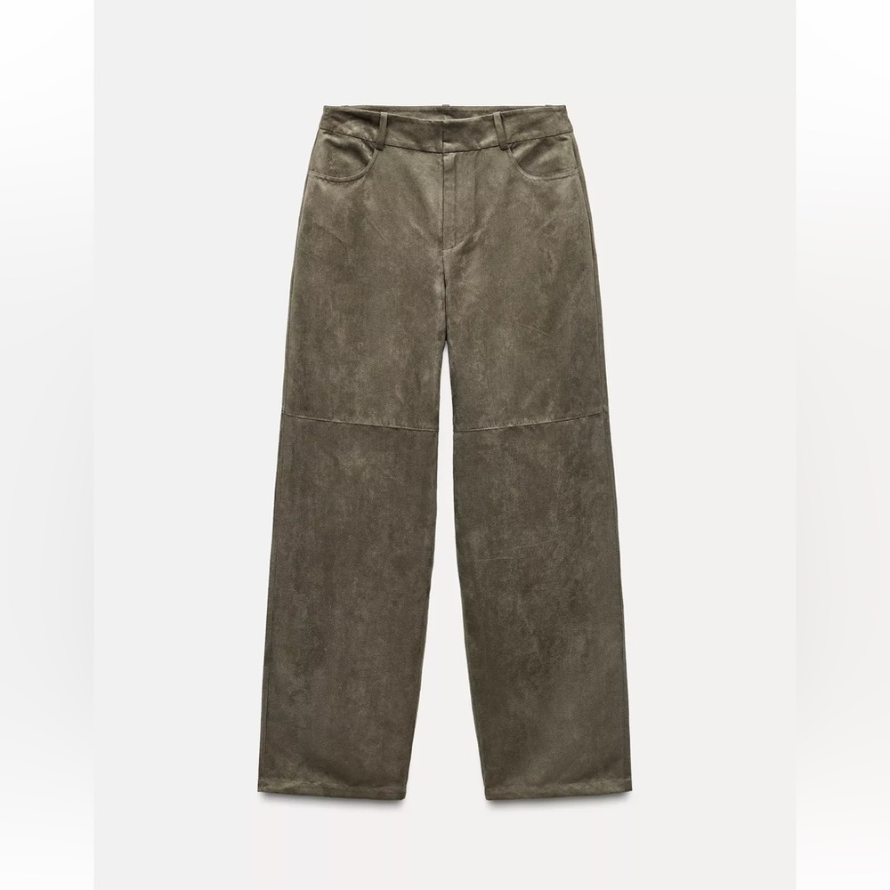 Zara Faux Suede Straight Leg Pants in Olive